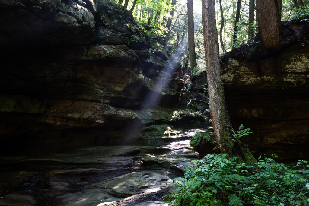 Stream of light coming through the trees and rocks at Old Man's Cave