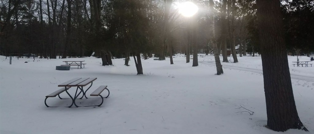 Campsite covered in snow