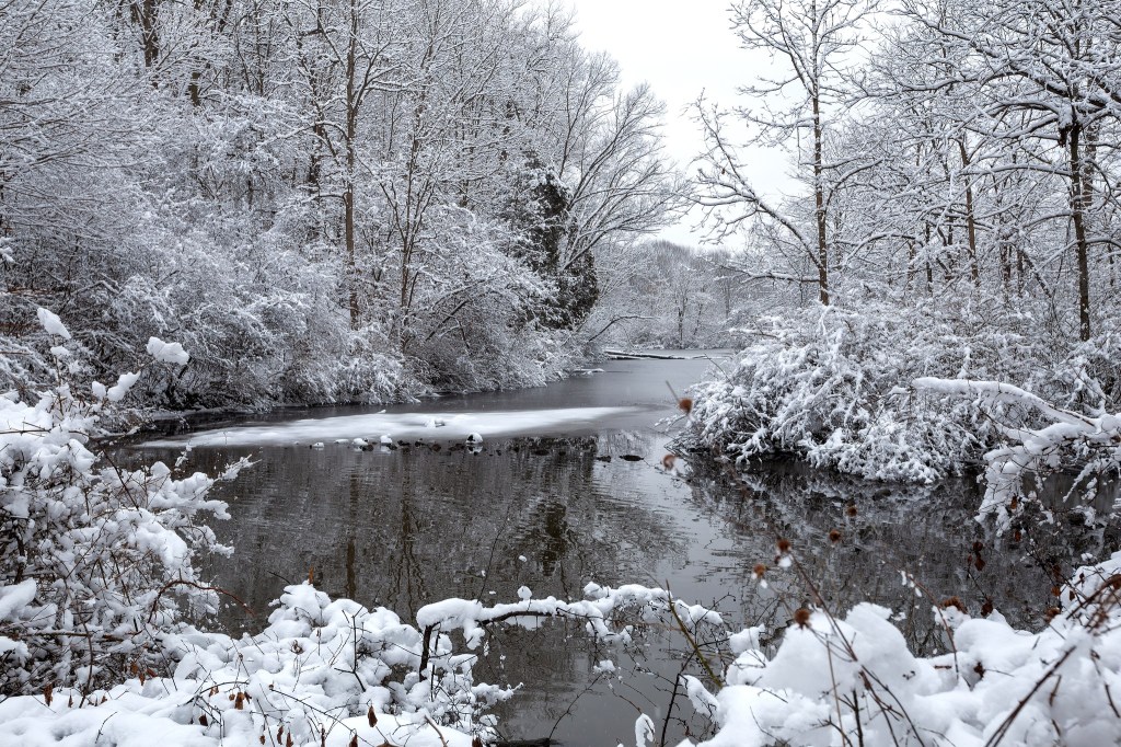A snow covered grand river along one of the Woldumar Nature Center trails