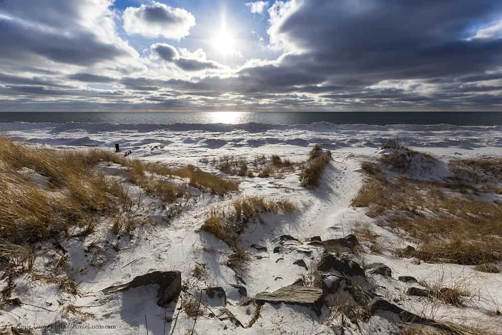 A mix of dune grass and snow with dramatic clouds on Lake Michigan